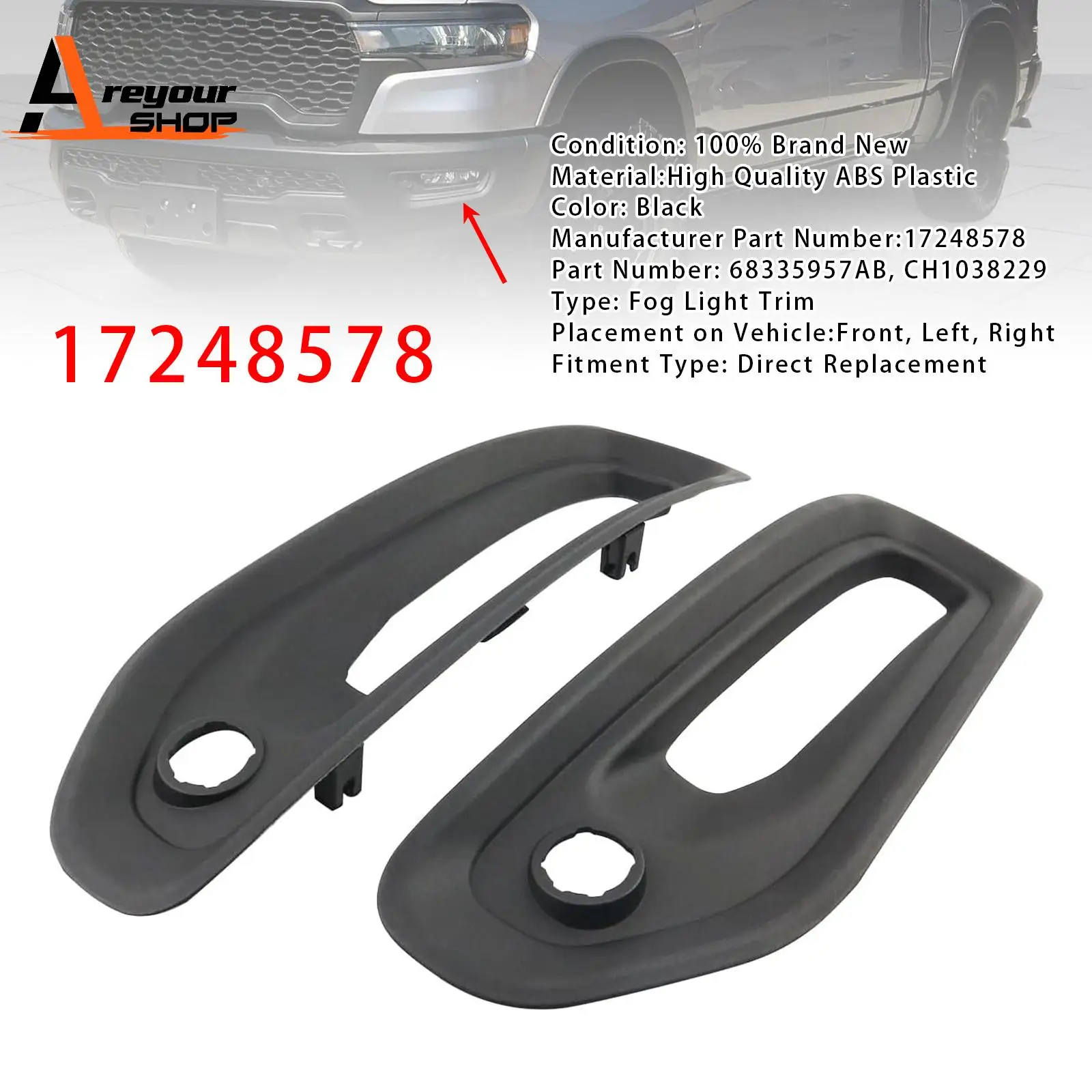 

Pair Fog Light Trim Driving Lamp Frame for Ram 1500 Rebel 2019-2022 68335957AB
