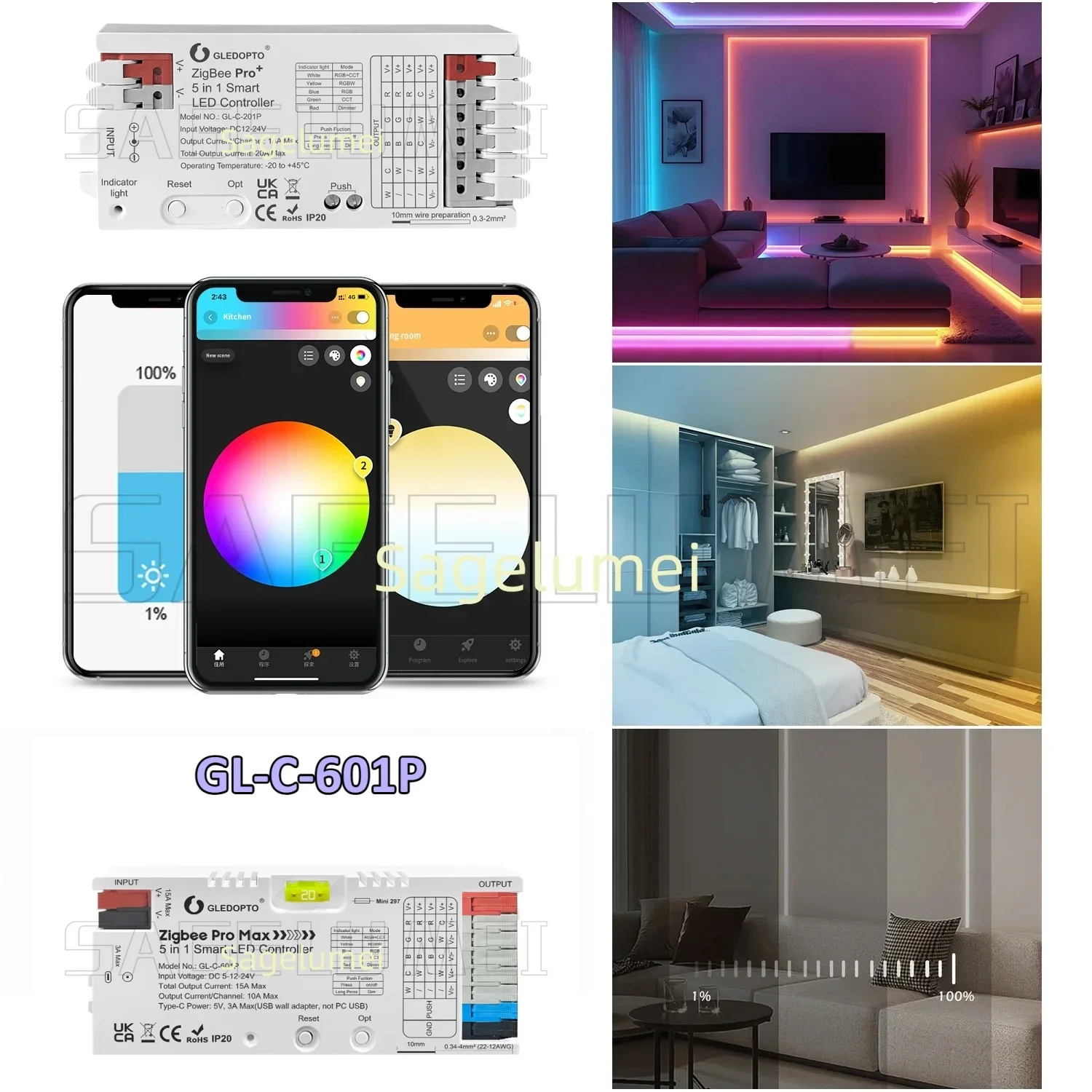

5-in-1 Pro Max ZigBee 3.0 LED Controller RGBCCT RGBW RGB CCT Dimmer Color White Light Mix 20A Pluggable Fuse App Voice GLEDOPTO