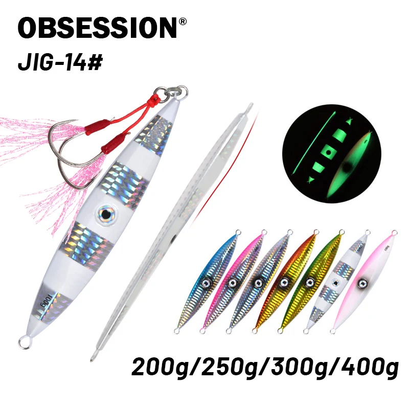 

OBSESSION 200g 250g 300g 400g Metal Jigs Vertical Slow Pitch Sinking Bait Glow Jigging Lure Sea Fishing Lure Assist Twin Hooks