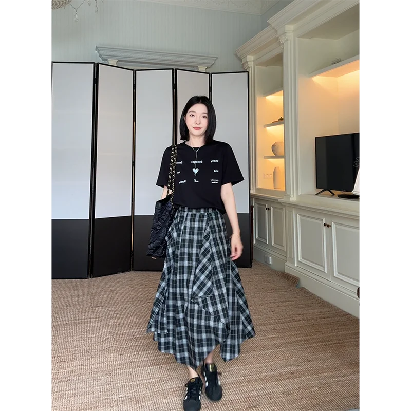 

Co99 Pure Cotton Loose Fit Plaid Design f Skirt ort Sve T-irt Summer Top Women's Casual Sle Faion Set