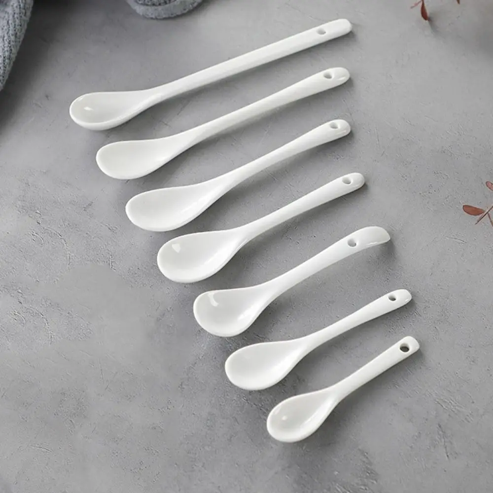 

White Ceramic Long Handle Spoons Flatware Dessert Spoon Ice Cream Spoon Tableware Tea Honey Supplies Kitchen Tools