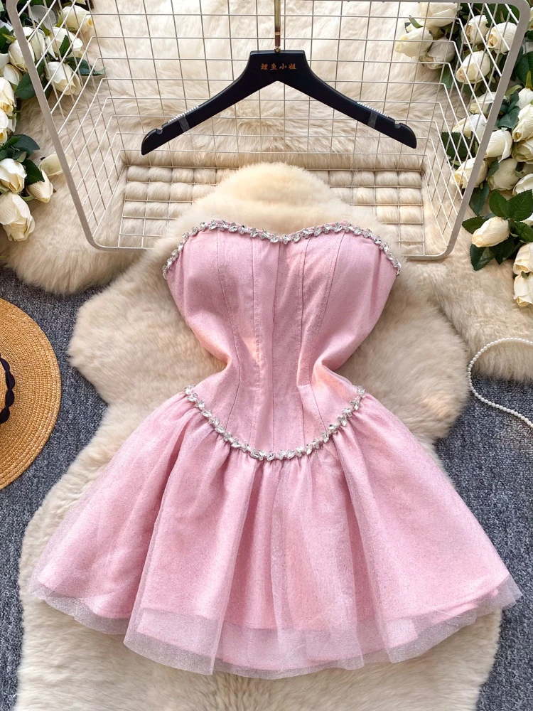 French Sweet Sexy Rhinestone Strapless Dress Women Slim Mesh Evening Gown Luxury Elegant Hot Girl Party Outfit Retro Chic Style