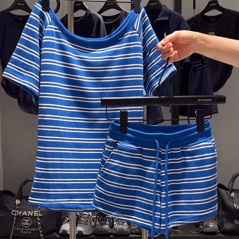 

Summer Casual Korean Striped Skew Collar Elastic Waist Two-piece Suit Female Preppy Style Shirring Short Sleeve Loose Short Sets