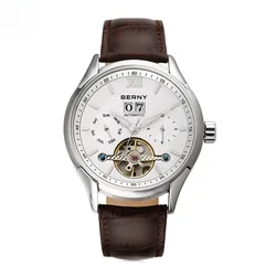 BERNY Automatic Watch for Men Auto Self-wind Mechanical Watches Date Skeleton 5ATM Luxury Male Wristwatches