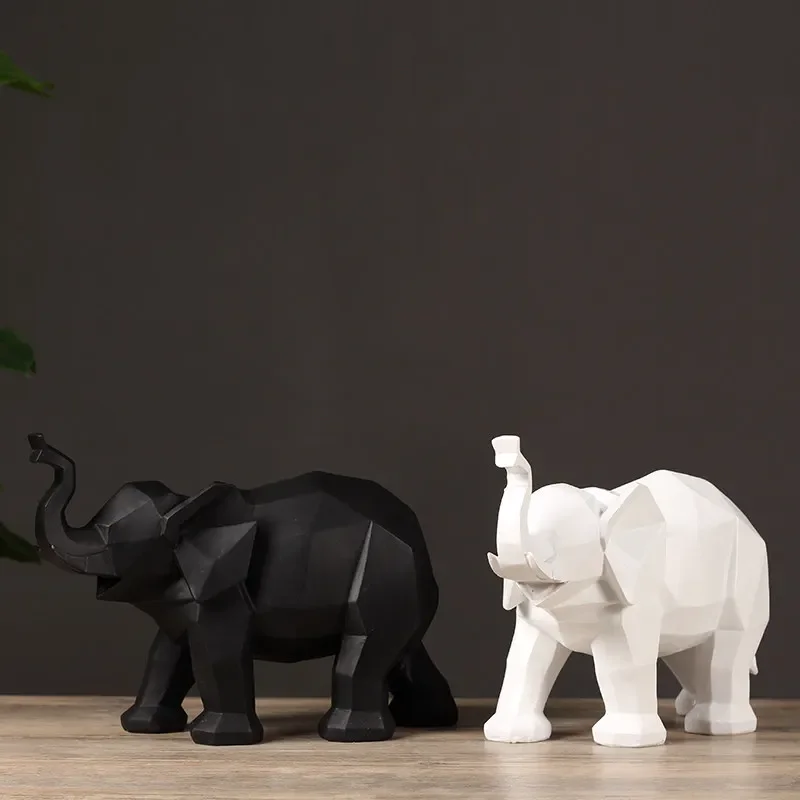 

Euroepan resin black and white elephant decoration home living room office crafts geometric elephant animal statue decoration