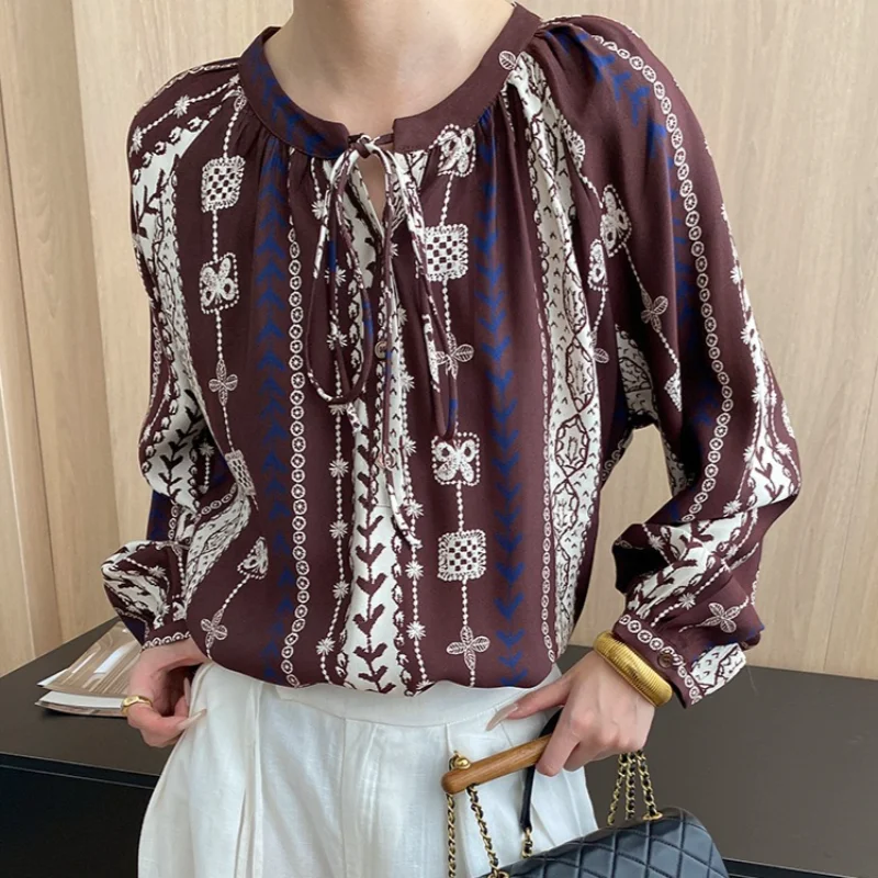 

Женская богемная рубашка с длинными рукавами и принтом ветра, модный свободный удобный французский женский винтажный топ с круглым вырезом