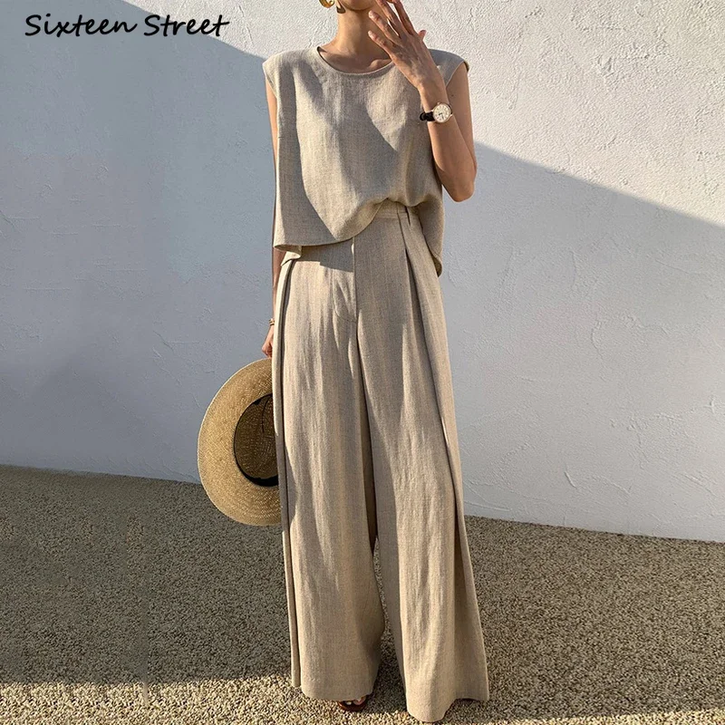 女性のためのシックなコーキノースリーブトップスとハイウエストのパンツとパンツのセット,韓国の2ピースセット,オフィス,春,夏