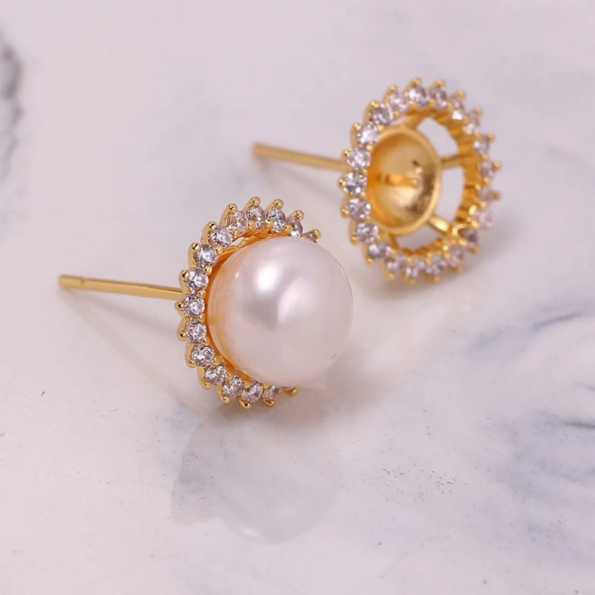 Women Brass 18K Gold Plated Round Hoop CZ Blank Setting Handmade Findings For DIY Pearl S925 Silver Needle Stud Earring