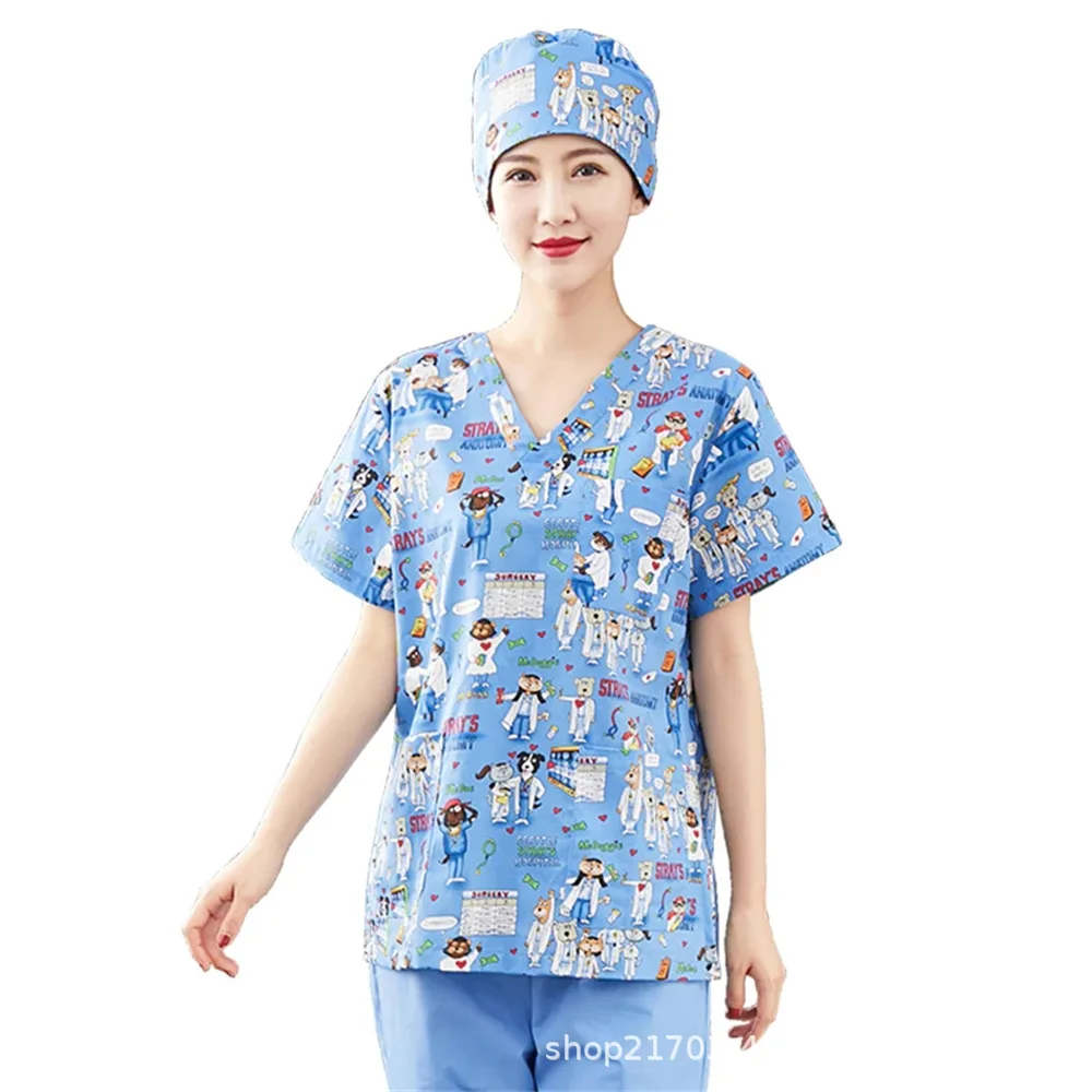 2025 новая европейская и американская женская защитная рабочая одежда с v-образным вырезом и короткими рукавами, рабочая одежда для медсестры с 3D принтом мультфильмов и цветочным принтом
