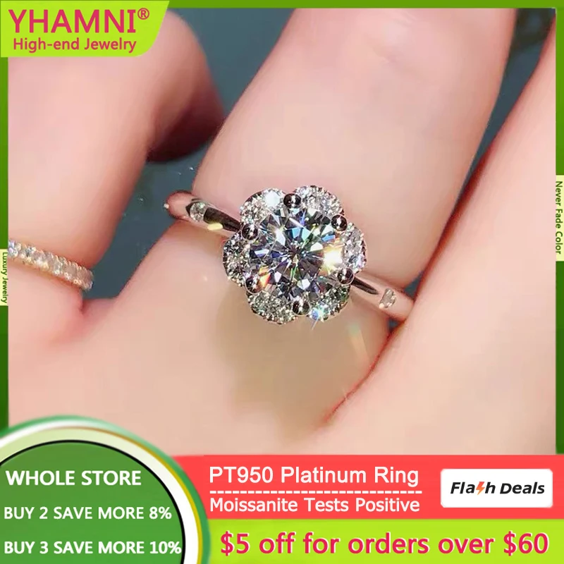 Original PT950 Platinum Ring Luxury Jewelry Round VVS1 D Color 1 Carat Moissanite Diamond Wedding Engagement Band Ring for Women