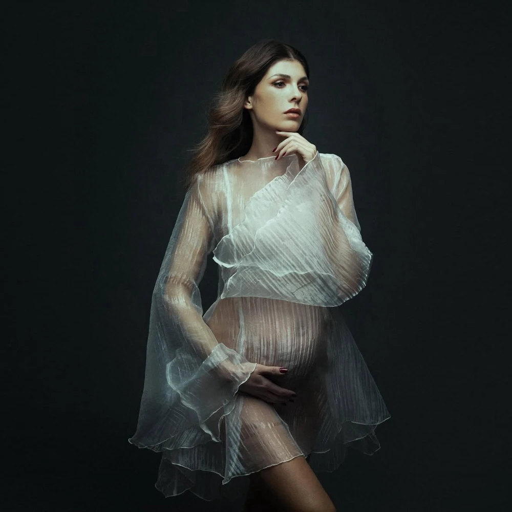 فستان حمل فريد من نوعه شفاف مكشكش للنساء بقماش شفاف فساتين قصيرة للتصوير الفوتوغرافي أنيقة بأكمام مضيئة من التول فستان الحمل