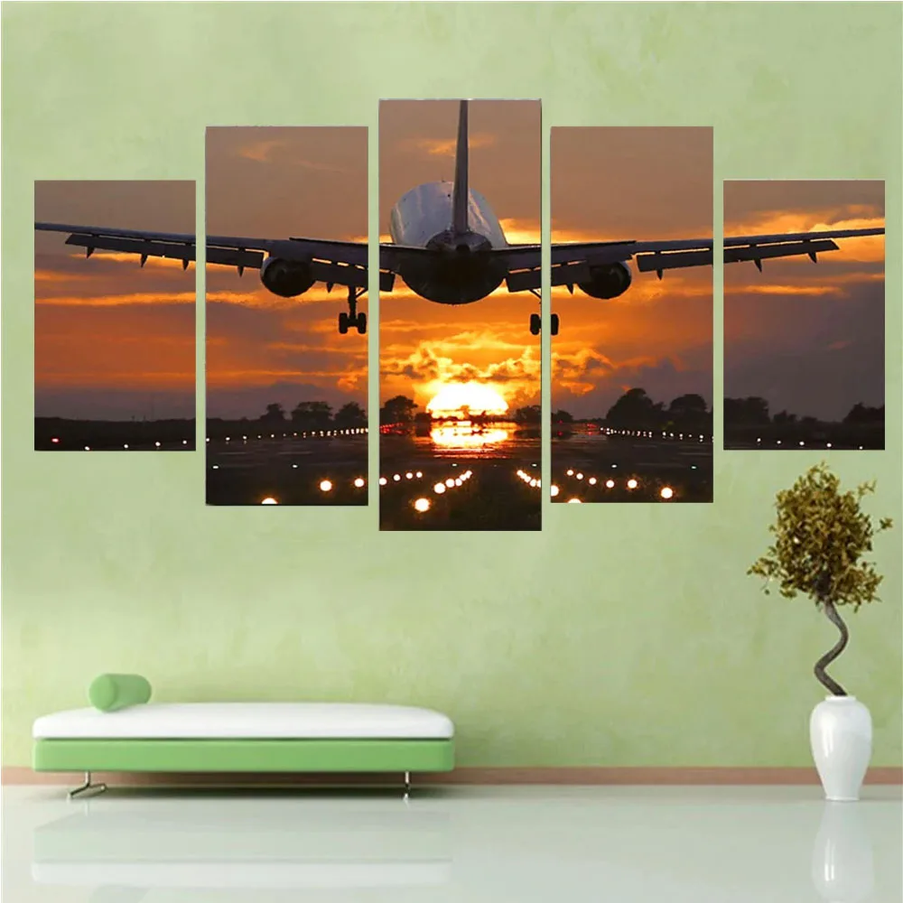 Landscape The Plane is Taking Off 5 Panel Mosaic Full Diamond Embroidery Decor Nordic Decoration Home Bedroom Modular Picture