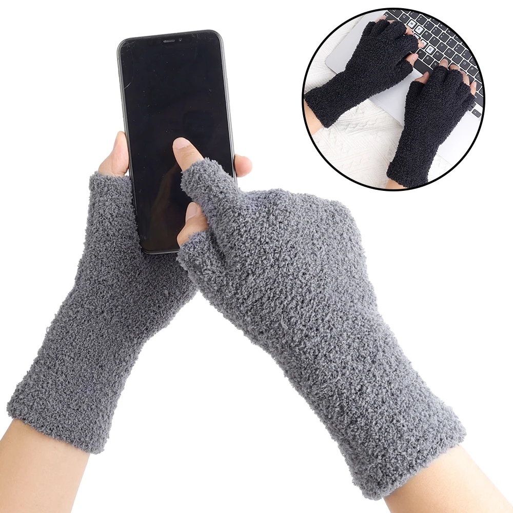 Women winter plush Gloves Solid Soft Thicken Coral Fleece Long arm Touchscreen Fingerless Glove Warm Half Finger Writing Mittens