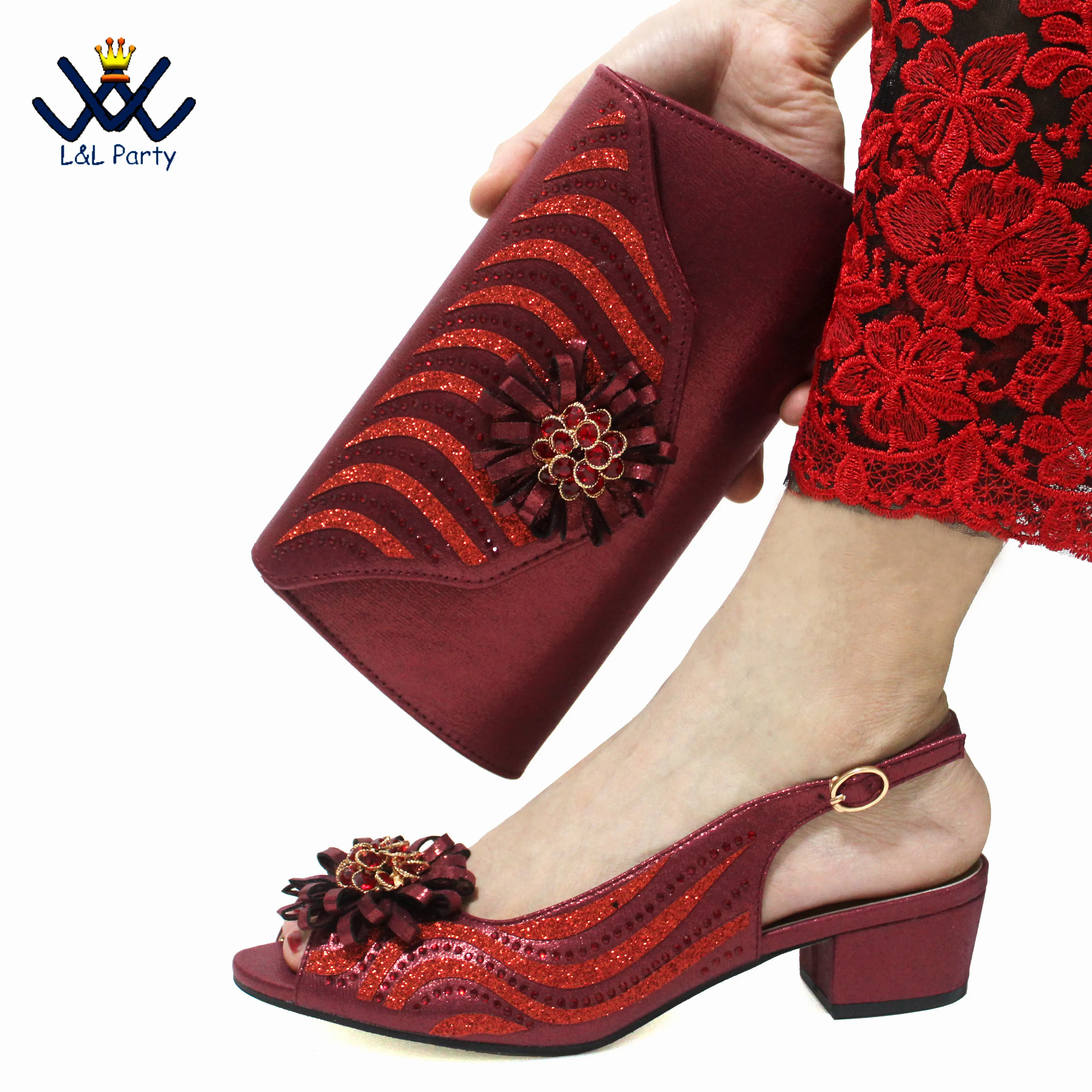 

2024 Fashion African Women Shoes and Bag to Match High Quality Square Heels with Crystal for Dress in Wine Color