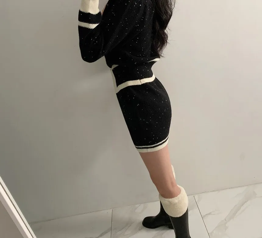 Vintage sequin Knitted Two Piece Set for women Contrast Color Long Sleeve Cardigan Top + Mini Skirt Sets Korean Fashion Outfits