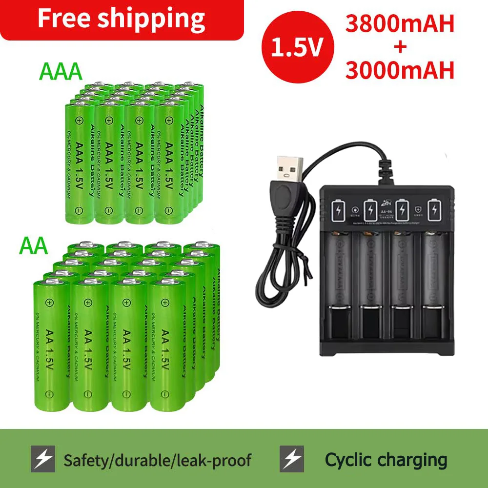 بطارية AA + AAA جديدة 1.5 بطارية قابلة للشحن AA3800MAH AAA3000 مع شاحن USB للأجهزة الإلكترونية لمصباح يدوي LED