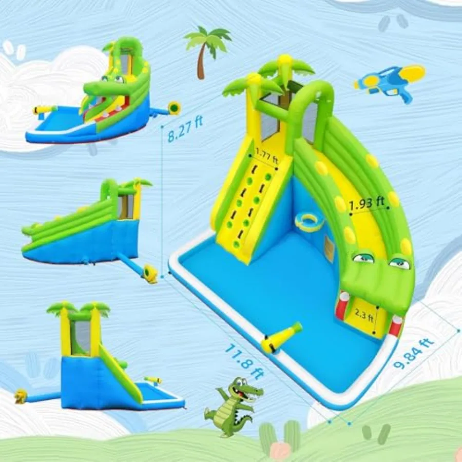 Inflatable Water Slide: 5-in-1 Crocodile Bounce House Water Park for Climbing Wall Splash Pool Water Cannon Basketball Rim PVC view 6