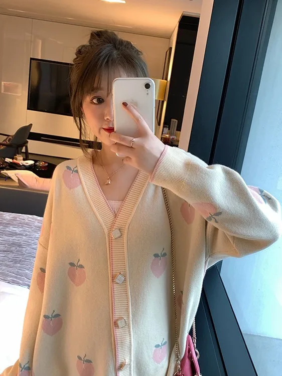 달콤한 슬레 딸기 무늬 니트 스웨터 코트 여성용 루즈핏 가을 겨울 브이넥 롱 소프트 폴리에스터