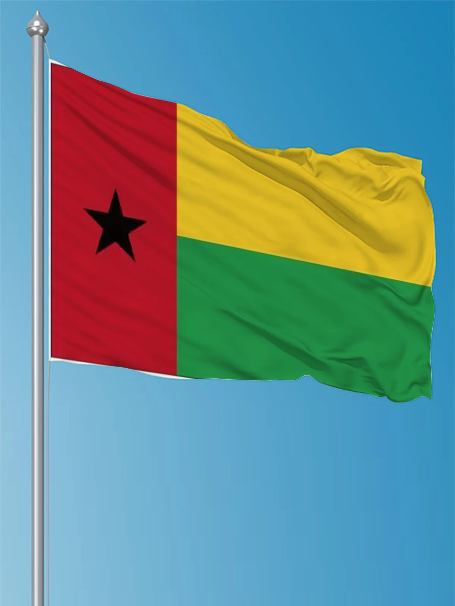 FLAGap  Flag of Guinea-Bissau There is a vertical red stripe, two horizontal stripes, yellow and green black with 2 black stars