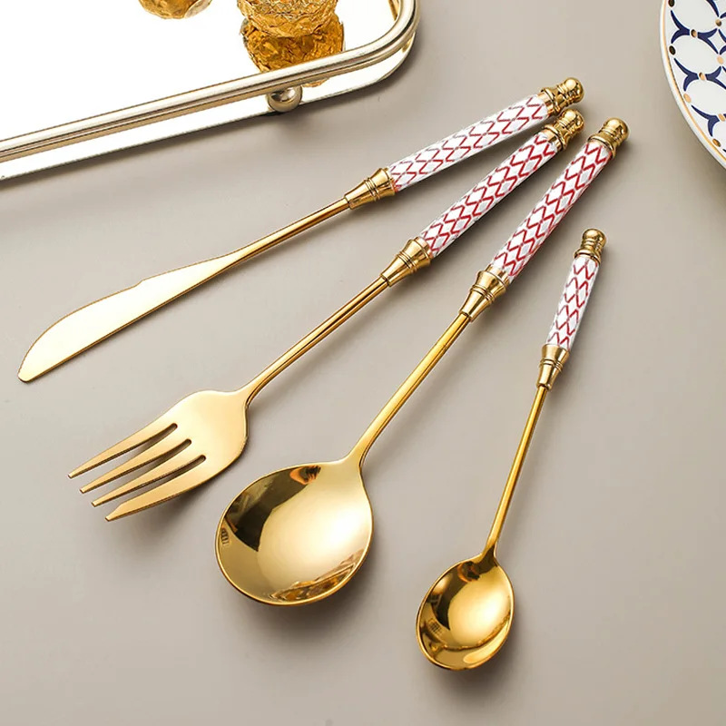 

Stainless Steel, Gold Porcelain Handle, Red Diamond Pattern, Western Style Steak Knife, Fork, Spoon, Dessert Spoon