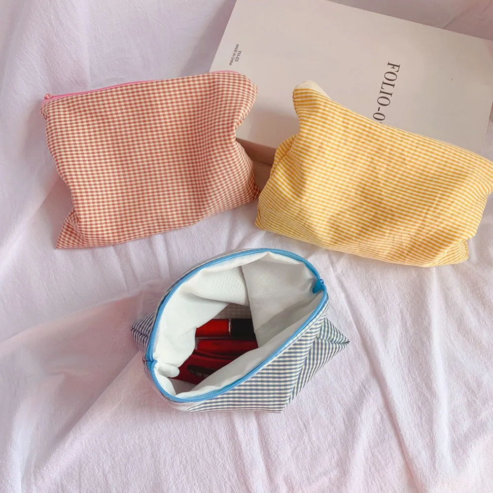 Trousse de maquillage à carreaux pour femme, grande capacité, fermeture éclair en coton, sac à main en poudre, pochette de voyage, cosmétique,