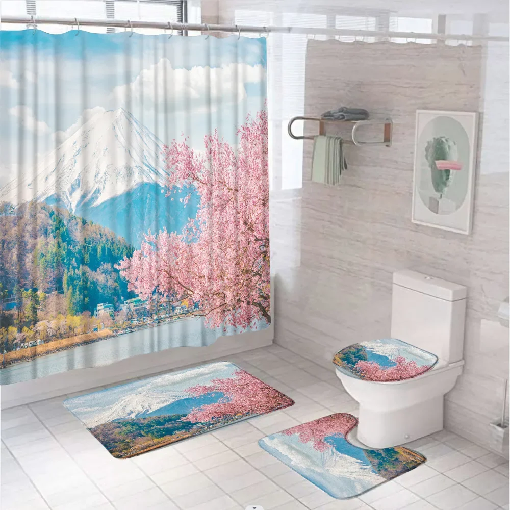 4Pcs Natural Scenery Shower Curtain Set Abstract Mountains Art Bathroom Curtains Non-Slip Bath Mat Pedestal Rug Lid Toilet Cover