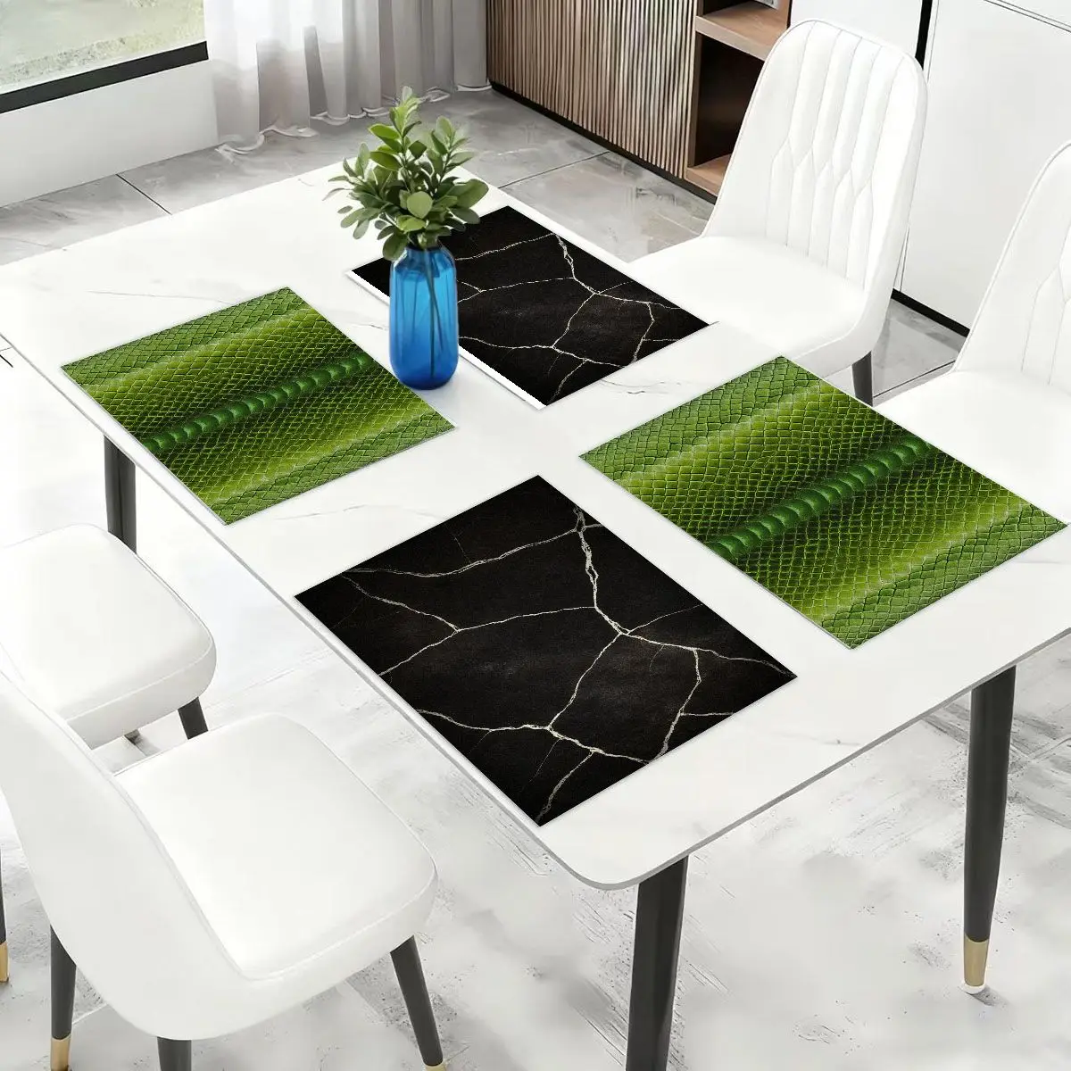 Manteles individuales impresos 2D de una sola cara de mármol negro y hoja verde de estilo minimalista moderno (45 × 30 cm), juego de 4/6 piezas
