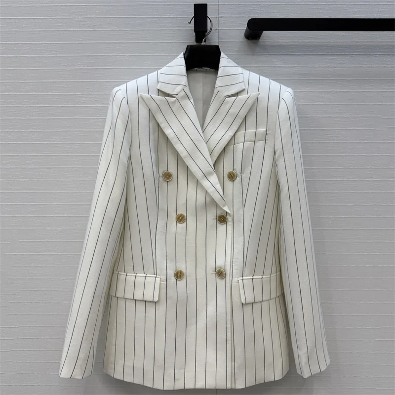 

Женская куртка-пиджак из льняной смеси в полоску, двубортная, приталенная, с длинными рукавами, новая коллекция Весна 2026