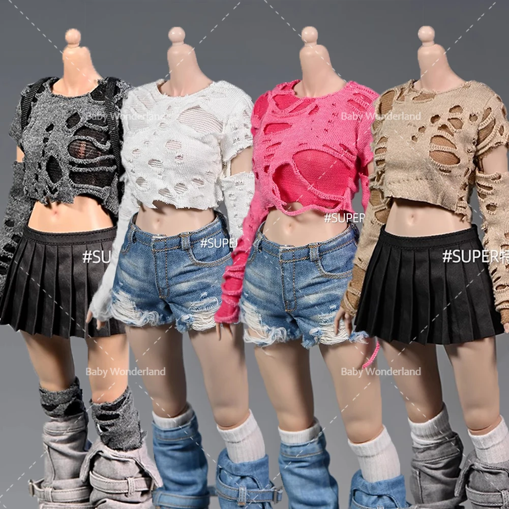 In Stock 1/6 Scale Trendy Ripped Top Denim Shorts Clothes Model Fit 12'' PH Movable Female Soldier Body Dolls Car Toys