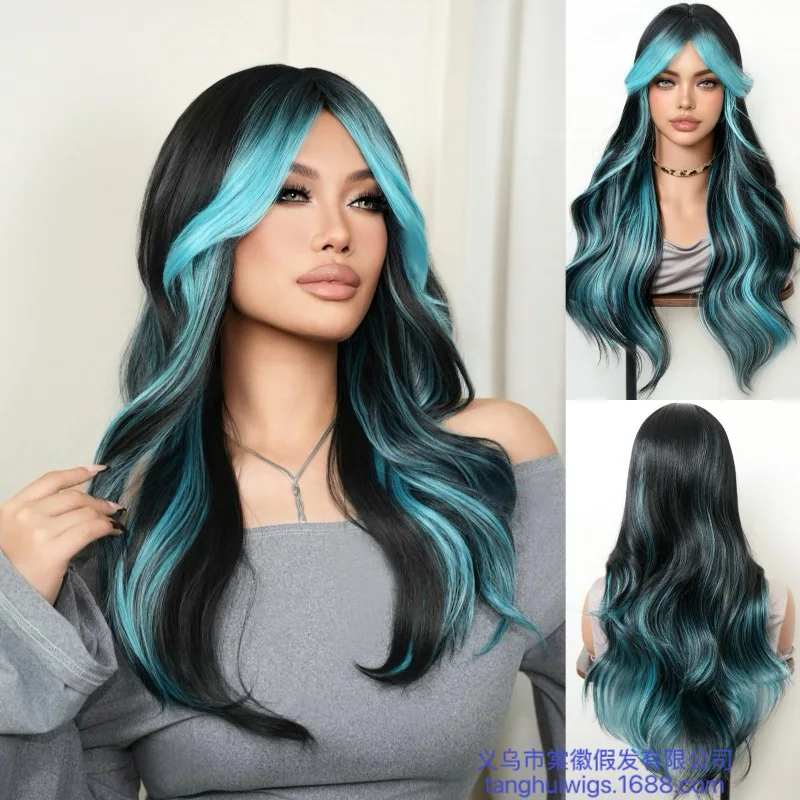 

Medium-parted gradient lake blue large wavy for women, new full-head wig