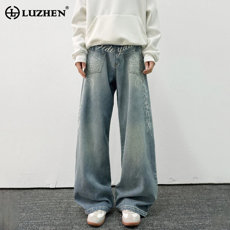 

LUZHEN персонализированные модные прямые повседневные джинсы с вышивкой, мужские осенние 2021, высококачественные широкие джинсовые брюки JY4110