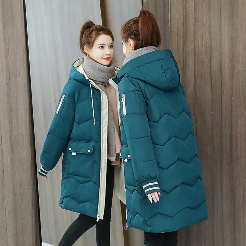 Winter Women Coat Cotton Padded Mid Length Outwear Long Sleeve Hooded Overcoat Thickened Loose Zipper Jacket Streetwear