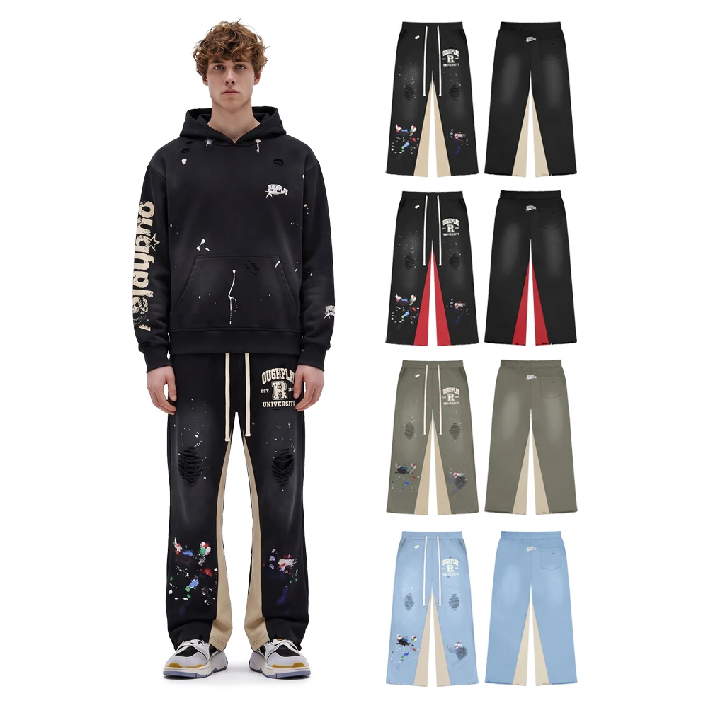 Y2k American Vintage Streetwear Distressed Ripped Sweatpants Hiphop Street Style Cotton Retro Patchwork Length Casual Pants Mens