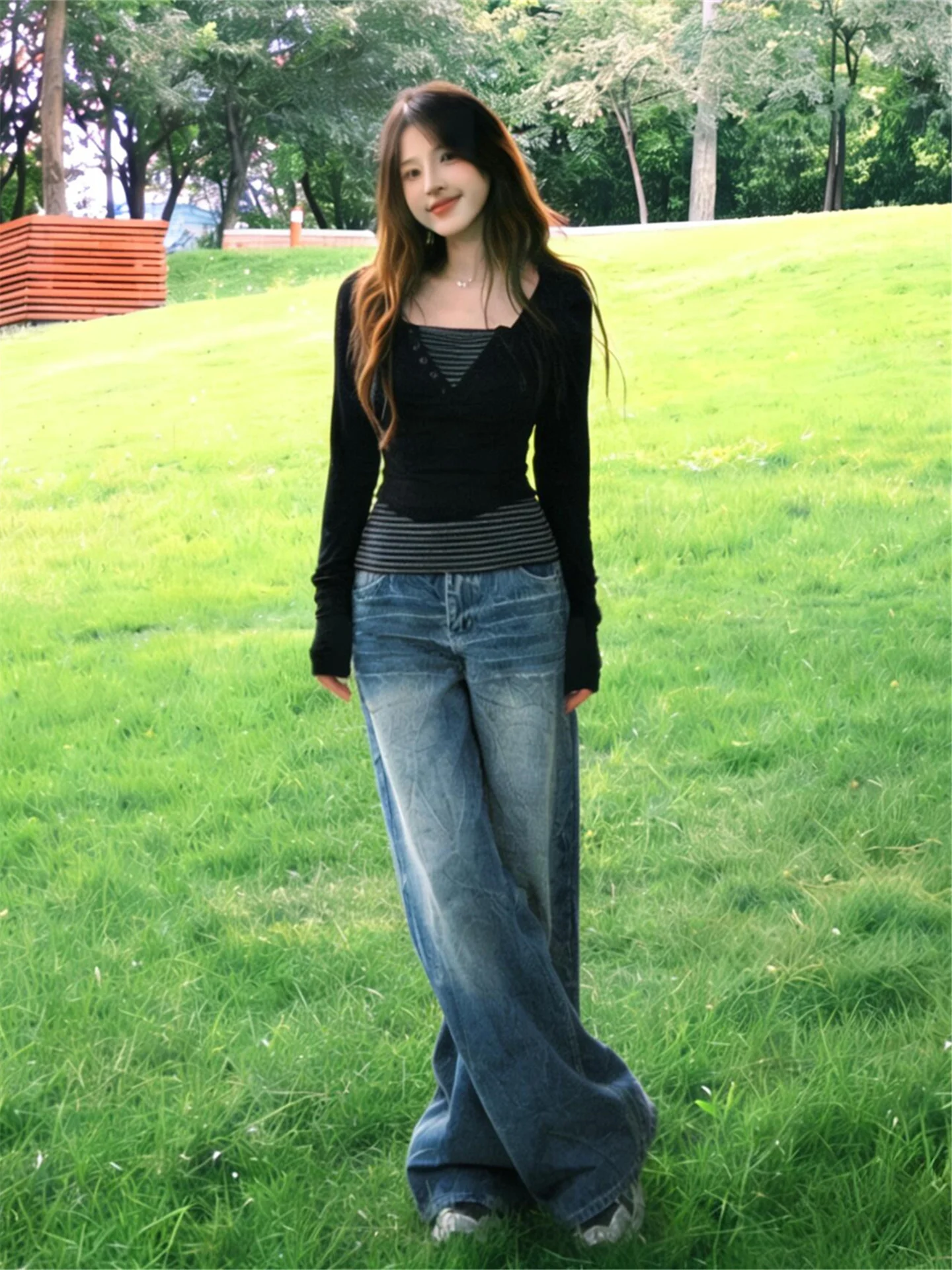 

American Style Vintage Low Waist Wide Leg Jeans Women's Loose Slimming Tall Extended Straight Cut Casual Cotton Denim Pants