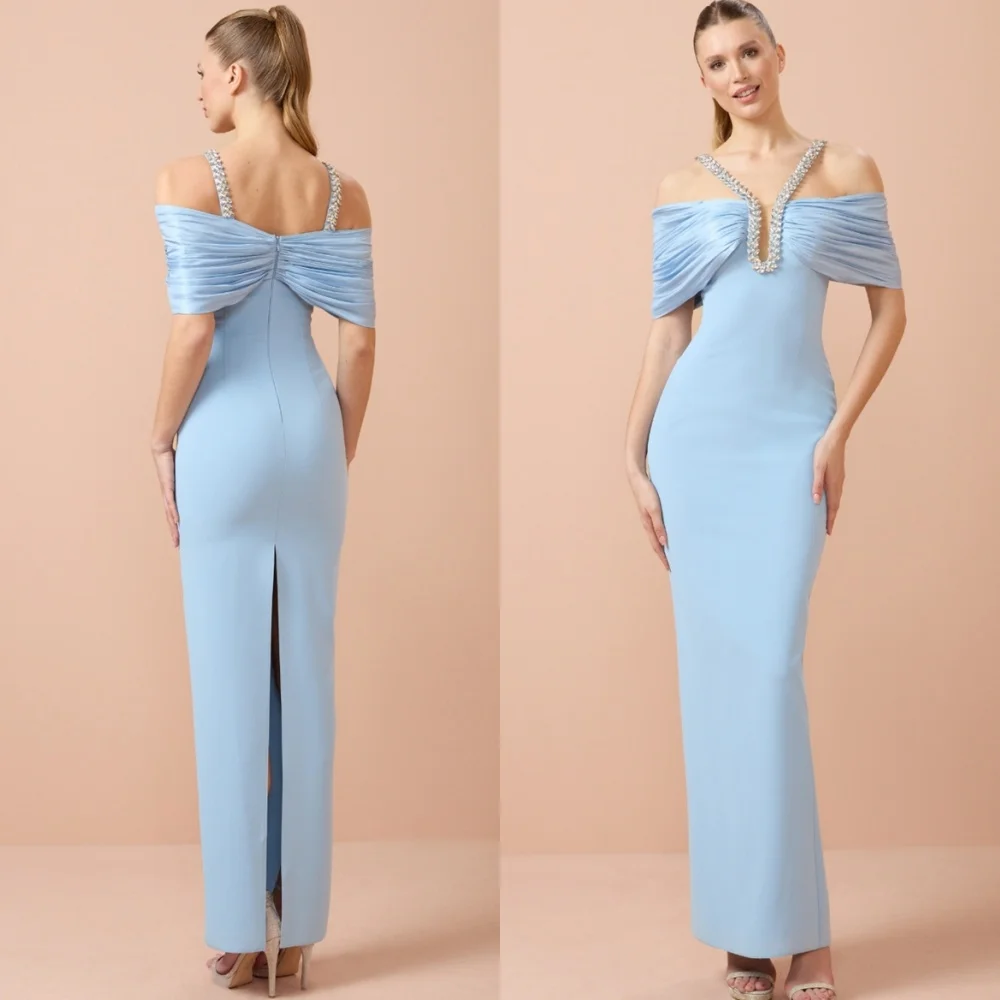 

Customized Romantic Blue Jersey Evening Dress Formal Off the Shoulder Homecoming Dresses Temperament Special Occasion Gowns