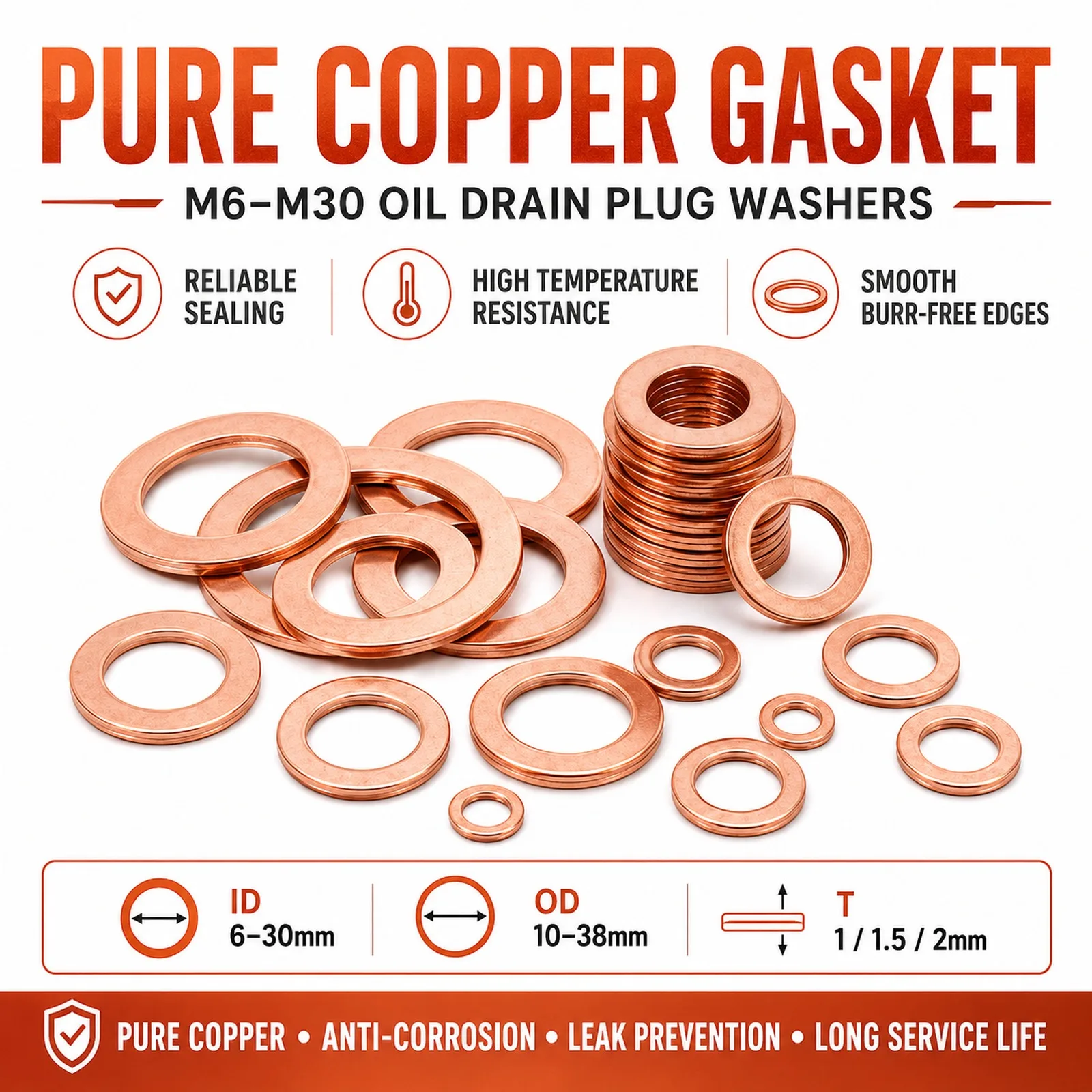 Pure Copper Oil Drain Plug Washers O‑Ring Gaskets M6‑M30 Motorcycle Engine Sump Flat Sealing Spacers
