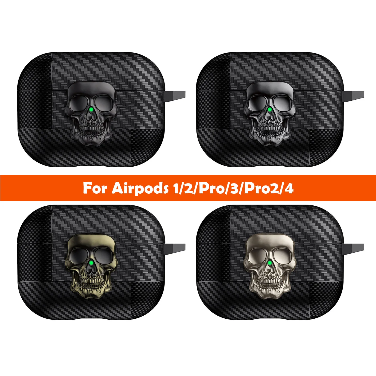 Turn Buckle Personalized Skull Design Case for Apple Airpods 4 AirpodsPro2/3 Carbon Fiber Pattern Shockproof Case with Keychain