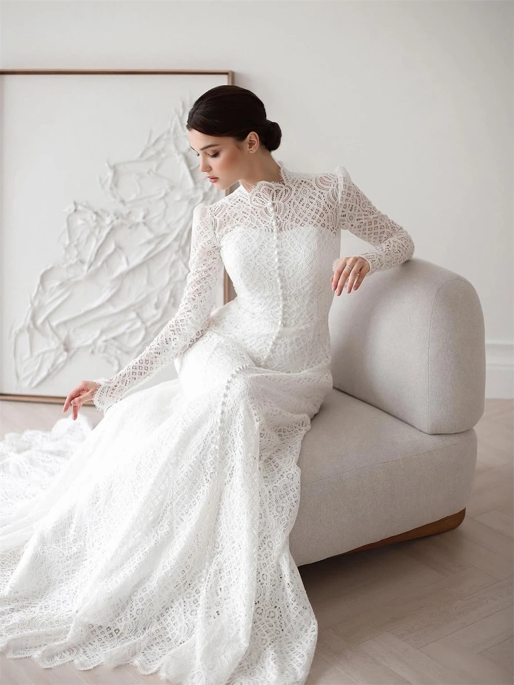 

Customized Charming White Lace Bridal Gowns Classic O-Neck Long Sleeves Bridal Gowns Classic A-Line Court Train Vestido De Novia