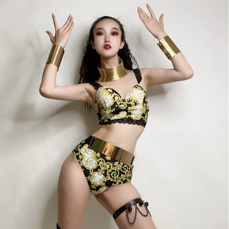 Women Jazz Dance Costume Sexy Pole Dance Bikini Ladies Palace Printed Bikini Dj Ds Gogo Dance Clothing Rave Outfits XS7323