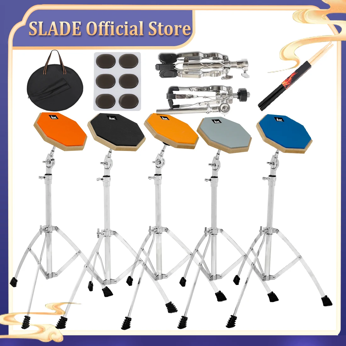 

SLADE 8 Inches Dumb Drum Set Practice Mat with Drumsticks Bracket Bag Sticker for Beginners/Students Percussion Drum