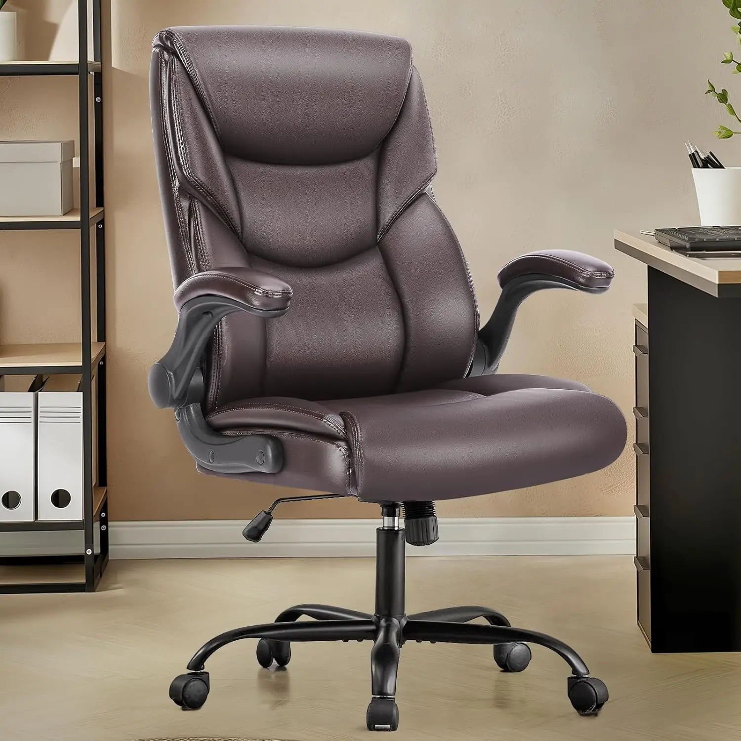 Ergonomic PU Leather Executive Office Chair, Swivel Computer Desk Chair with Lumbar Support Flip-up Arms Dark Brown