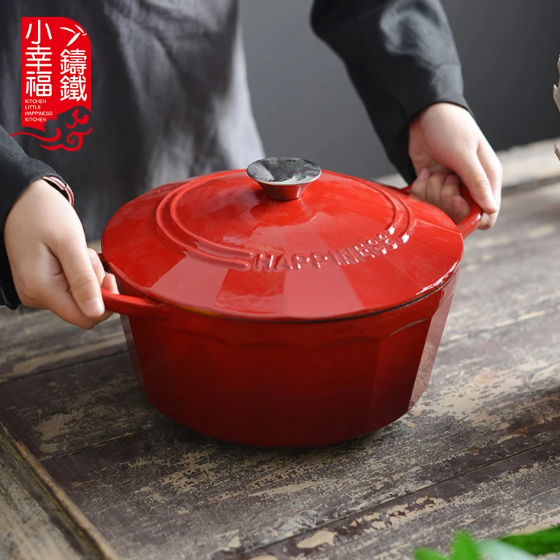 Pleated Enamelled Cast Iron Pot Household Soup Stew Pot Multifunctional Wok Induction Cooker Pan with Steamer Cooking Pots