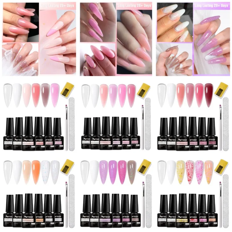 

9Pcs/Set Quick Extension Gel Nail Polish 7ml Clear Fluorescent Glitter Pink Color Semi-Permanent Fast Building UV Gel Manicure