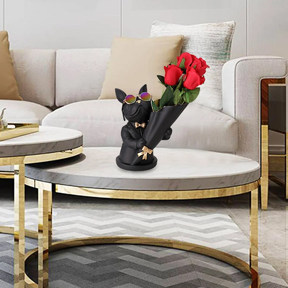 MLGB-Home Decor Figurine Miniature French Bulldog Sculpture Desktop Flower Vase Table Decoration Modern Decorative Statue