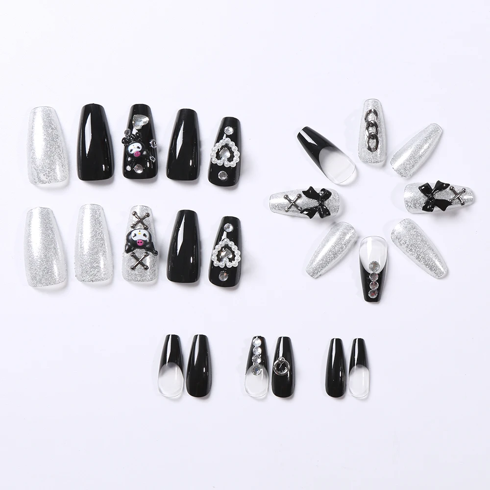 24Pcs Black Punk Style Press On Nails Medium Square Acrylic False Nails with 3D Cross/Bow/Kuromi Ornaments Cool Girls Nail Patch