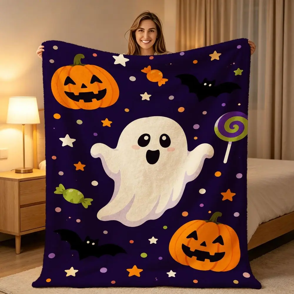 Halloween Fleece Throw Blanket Soft Cozy Dark Purple Bedding Featuring Cute Ghosts Pumpkins Bats and Colorful Candy Patterns Perfect for Sofa Couch Living Room Decor