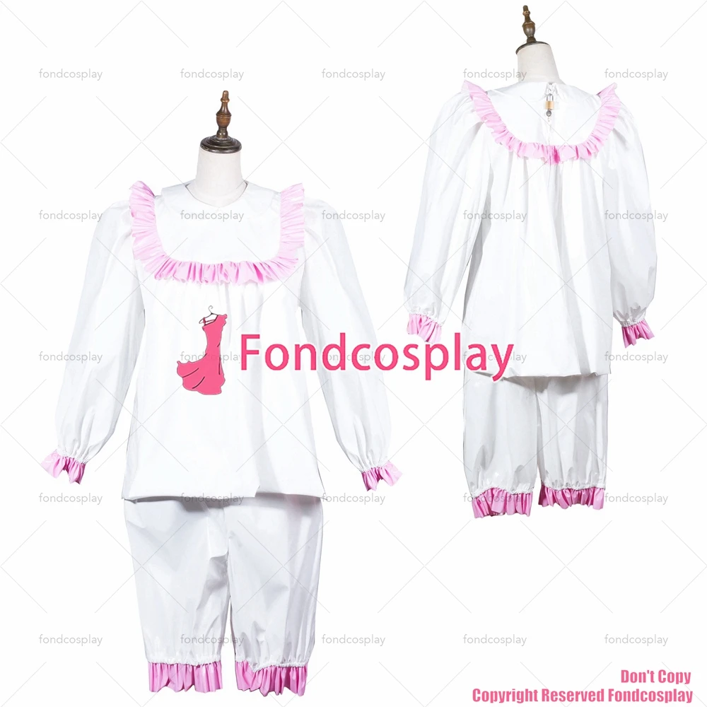 fondcosplay adult sexy cross dressing sissy maid short white thin pvc shirt pants lockable panties Uniform CD/TV[G3804]