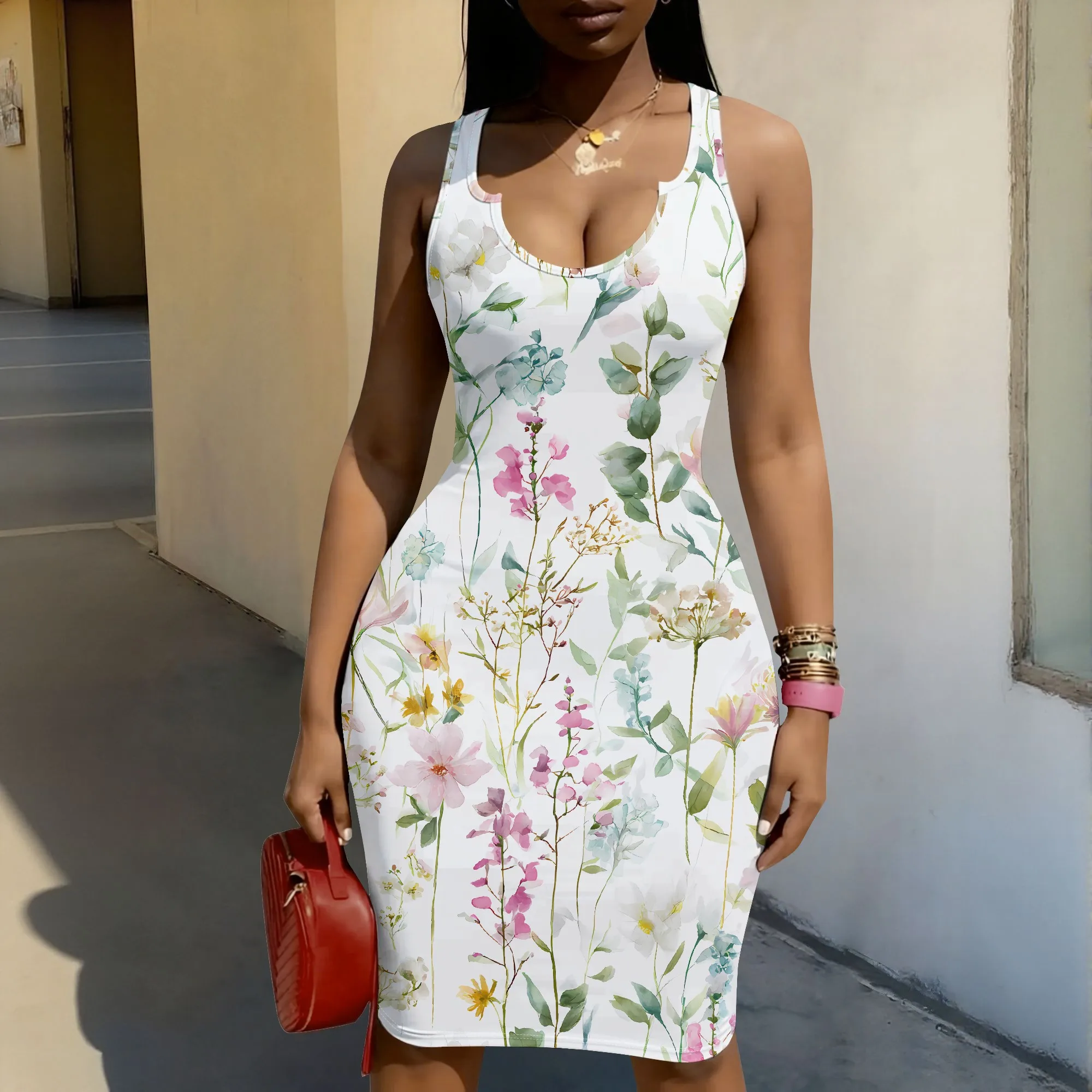 Floral Print Dress, Botanical Pattern, Sleeveless Bodycon, Summer Party Wear, Beach Vacation Style, XS-2XL