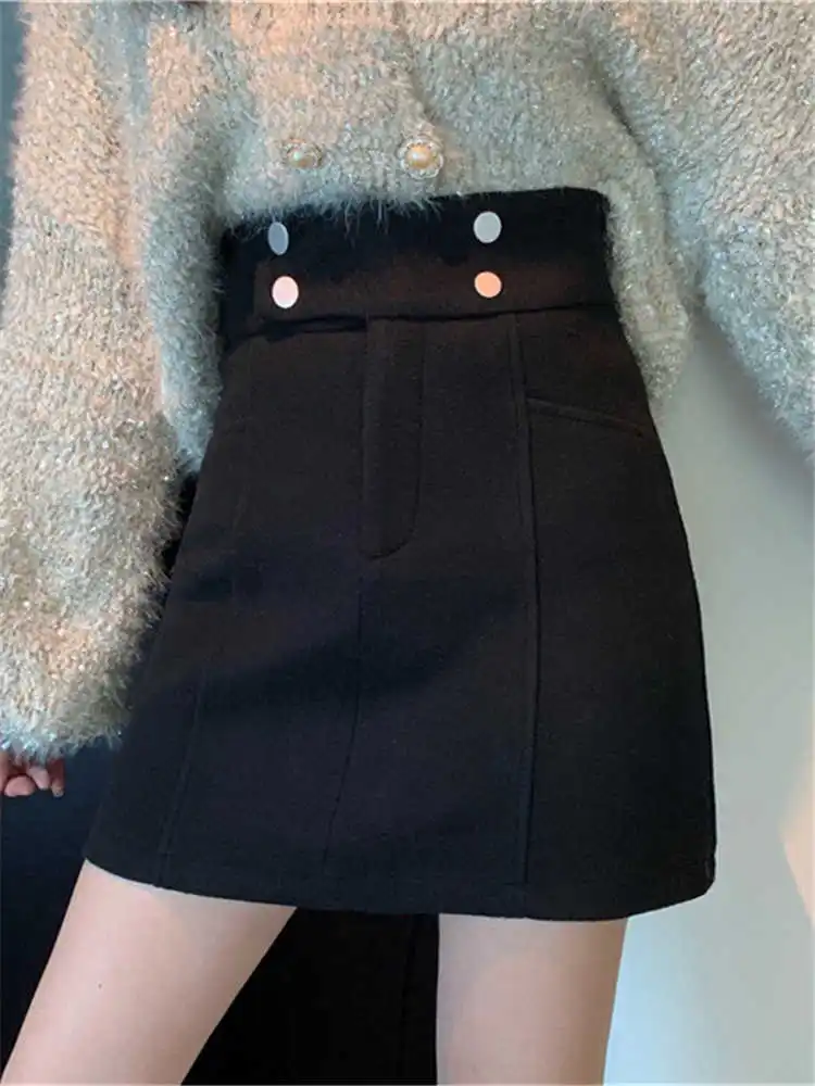 Woolen Half Skirt Double-breasted High Waist Slim Short Skirts Women Autumn Winter Thickened Warm A-line Hip Package Skirt