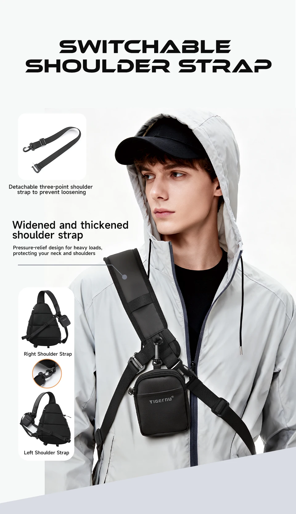 Tigernu Herren-Umhängetasche in Übergröße mit USB-Anschluss für 11-Zoll-Brusttasche mit abnehmbarem 3-Punkt-Tragegurt, Fahrrad- und Sporttasche – Detail 2